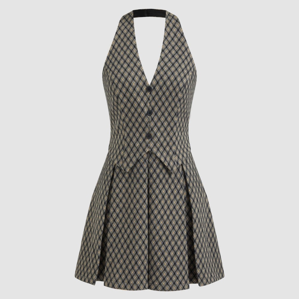 Cider Black and Gray Plaid Tartan Halter Mini Dress